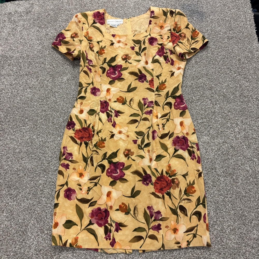 Maggy London Dress Womens 10 Yellow Floral Short Sleeve Silk Sheath Knee Length